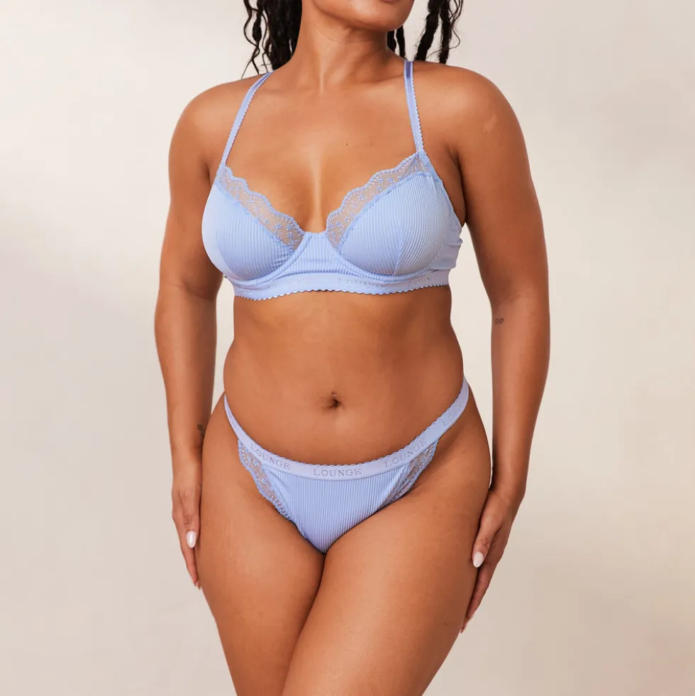Ribbed Balcony BH und String/Slip Set - Blau