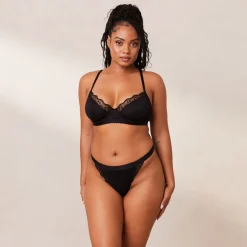 Ribbed Balcony BH und String/Slip Set - Schwarz