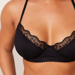 Ribbed Balcony BH und String/Slip Set - Schwarz
