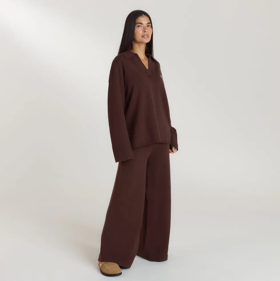 Strick-Jogginghose mit geripptem Saum - Schokolade