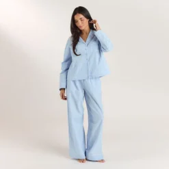 Texturiertes Pyjamahemd aus Baumwoll - Blau