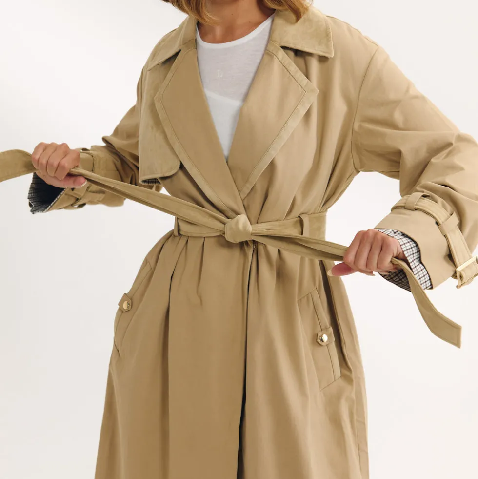 Trenchcoat mit Wildlederbesatz - Sand