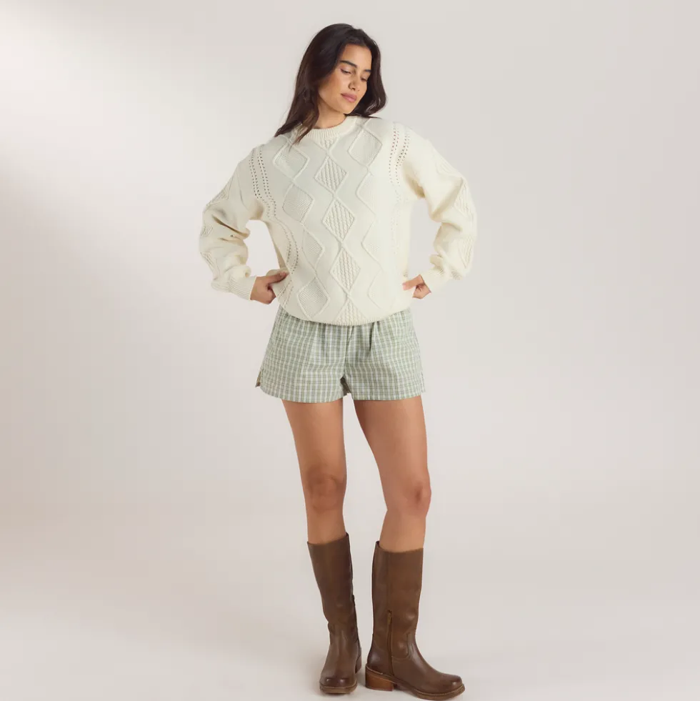 Zopfmuster-Pullover - Crèmefarbe